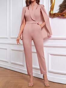 SHEIN Privé 斗篷袖青果領斜口袋連身褲 - 藕粉色 - 查看 7