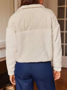 SHEIN Frenchy 落肩 O 形环拉链泰迪填充大衣 - 白色 - 查看 9