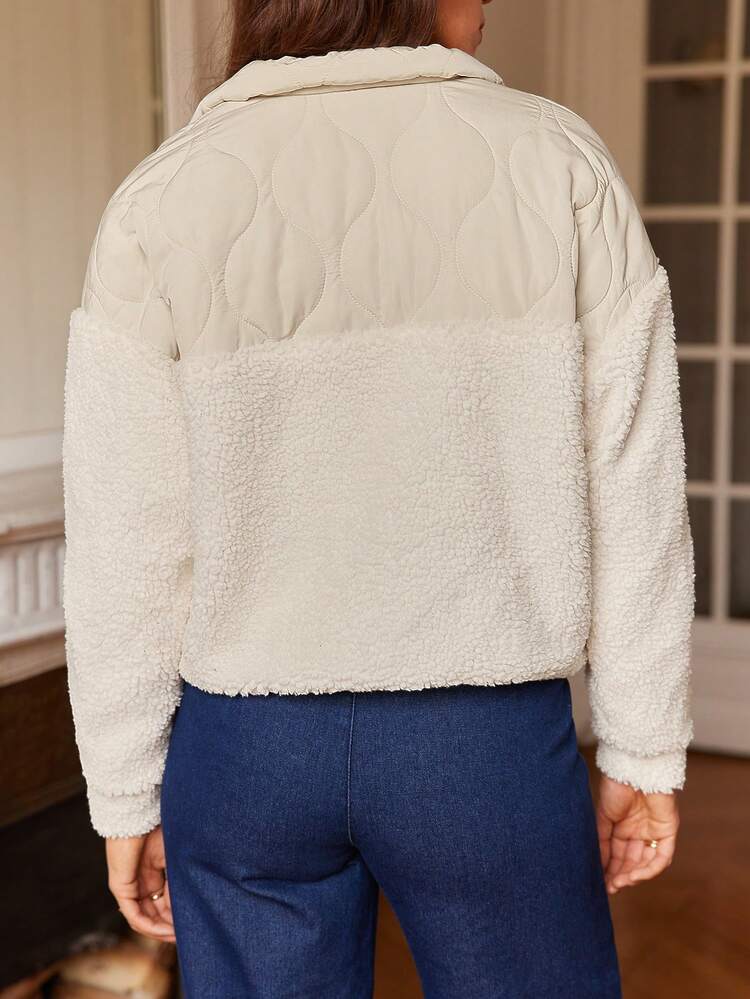 Drop Shoulder O-Ring Zipper Teddy Padded Coat Winter White Casual