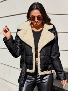 RueChic Abrigo acolchado cuello de borreguito de doble botonadura con forro teddy