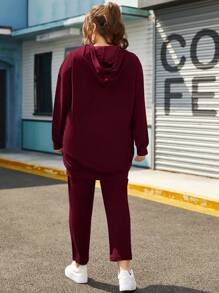 SHEIN Essnce Plus Slogan Graphic Drop Shoulder Drawstring Hoodie & Pants Set - Burgundy - View 3
