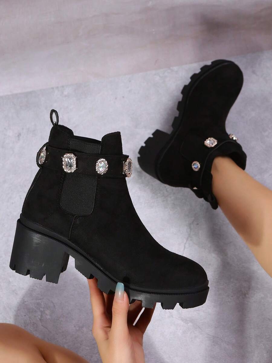 水晶裝飾女性彈力踝靴,時尚厚靴子 - 黑色 - 查看 1