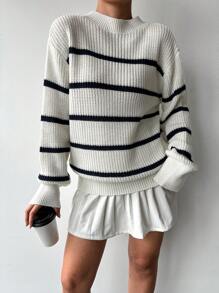 EURMUSE Striped Pattern Drop Shoulder Mock Neck Sweater - White - View 3