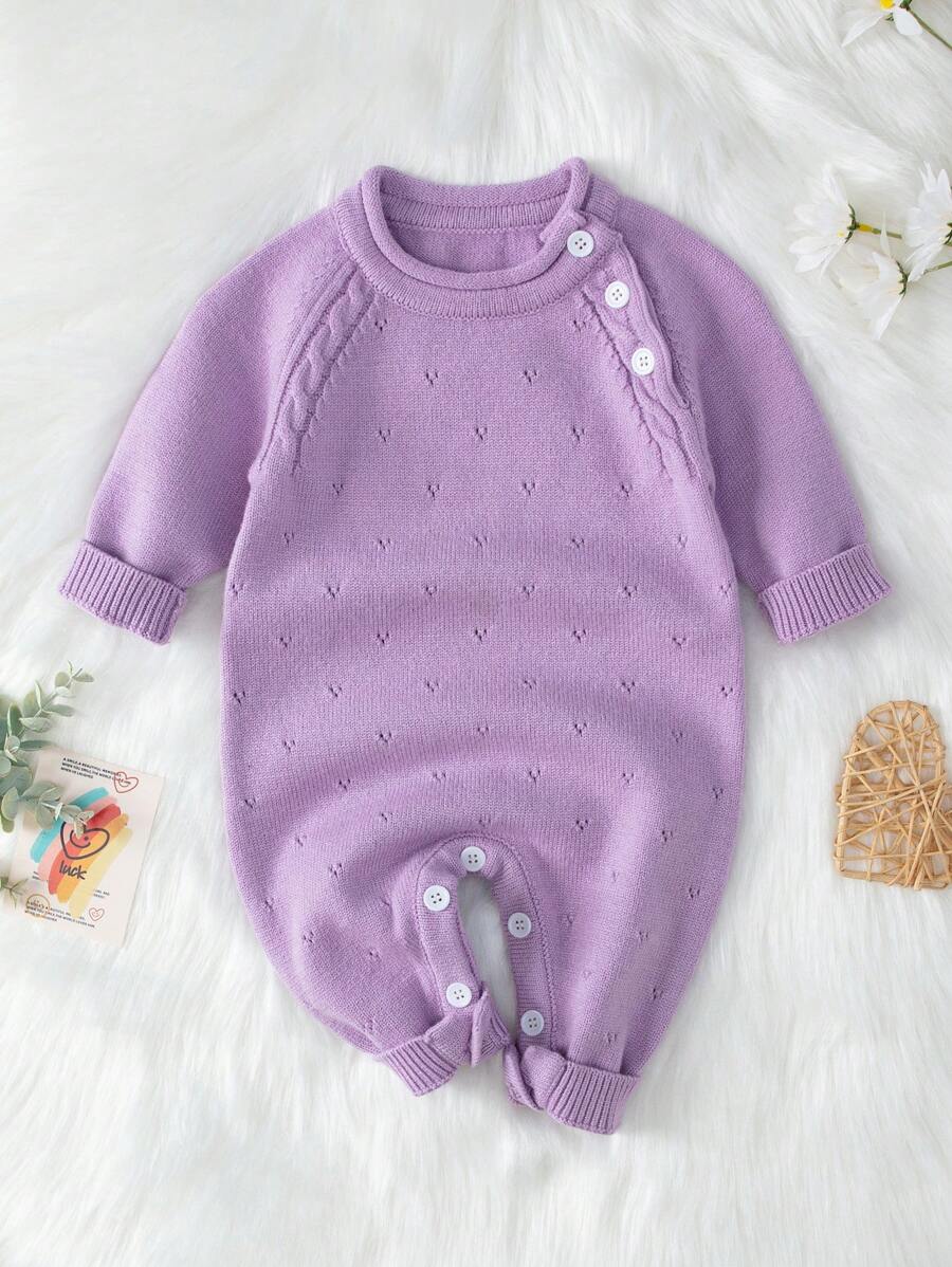 SHEIN Baby Girl Raglan Sleeve Button Detail Sweater Jumpsuit - Mauve Purple - View 1