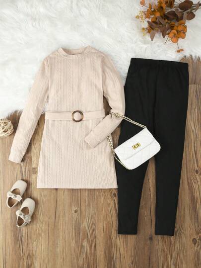 SHEIN 女大童素色小高領腰帶T恤和緊身褲