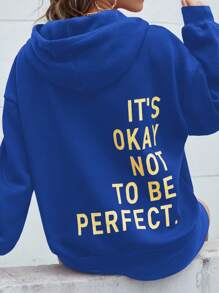 SHEIN EZwear Plus Size Slogan Graphic Drop Shoulder Drawstring Sweatshirt - Royal Blue - View 1