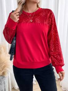Calvaya Plus Contrast Sequin Sweatshirt Pullover Fall Sweatshirt - Red - View 5