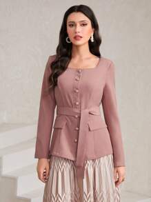 Modelyn Cổ vuông Chi tiết về Flap Thắt lưng áo - Màu Hồng baby - Xem 3