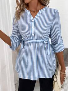SHEIN LUNE 條紋印花捲邊袖襯衫 - 藍白色 - 查看 1