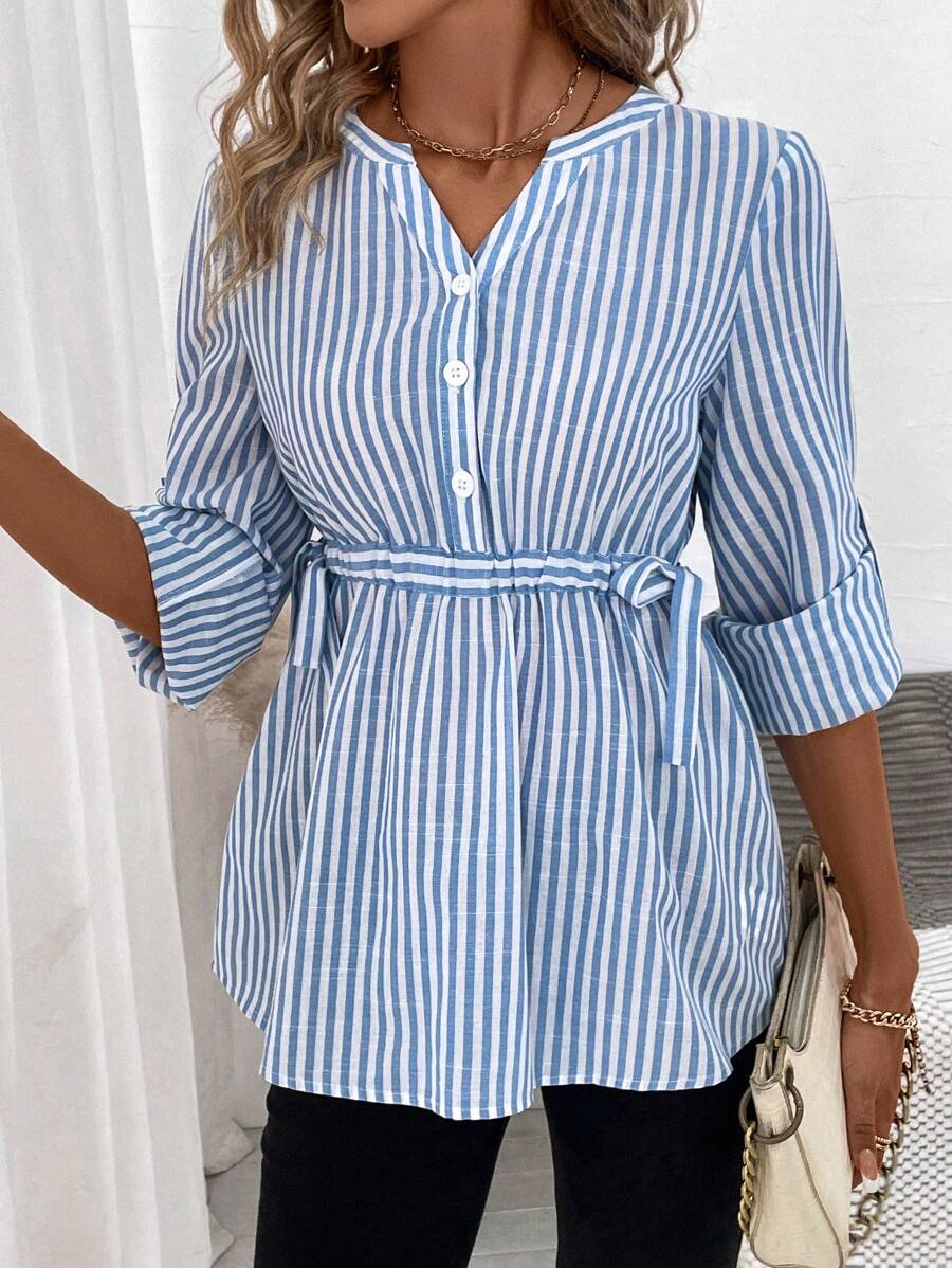 SHEIN LUNE 條紋印花捲邊袖襯衫 - 藍白色 - 查看 1