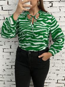 SHEIN Unity Hơn Sọc Ngựa vằn Cà vạt Tay áo lồng đèn Áo sơ mi - Màu xanh lá cây đậm - Xem 3