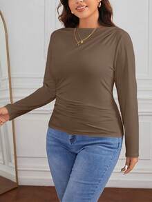 SHEIN Essnce 大碼船領褶邊T恤 - 棕色 - 查看 4