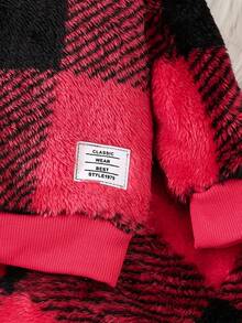 女嬰格紋印花補丁細節連帽衫和褲子 - 酒紅色 - 查看 4