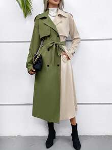 SHEIN VCAY Two Tone Double Breasted Belted Trench Coat - Army Green - View 5