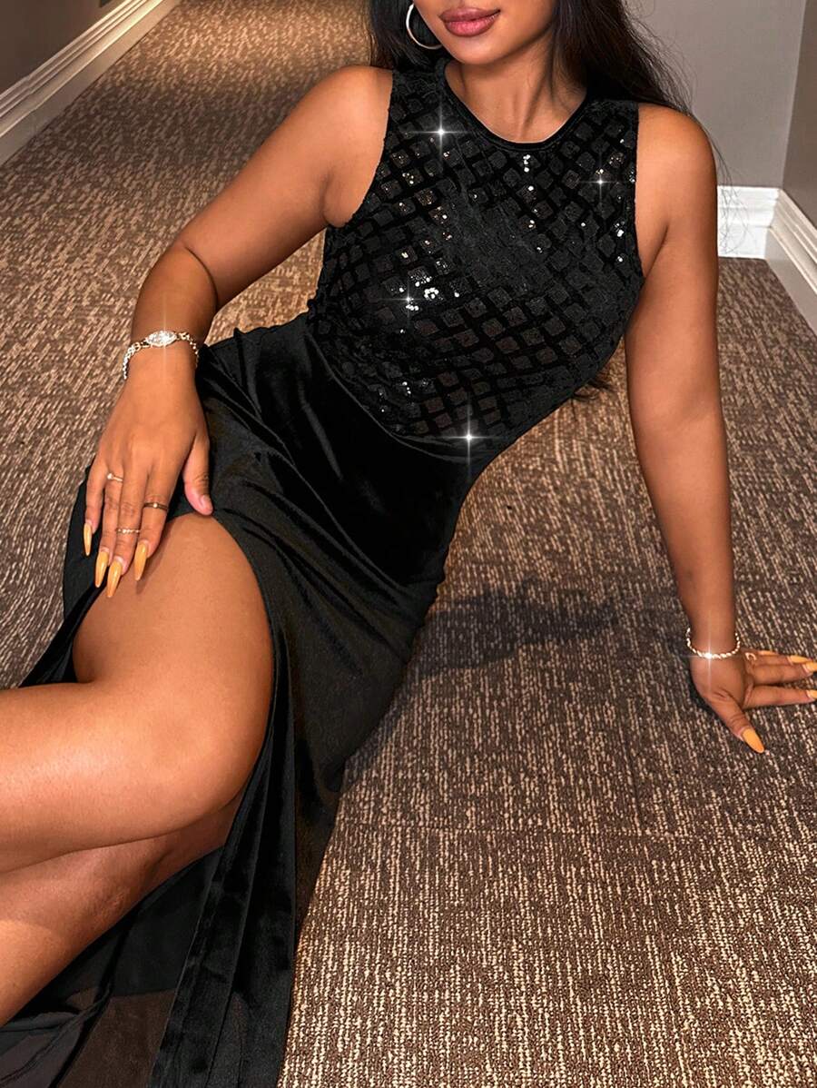 RueChic Contrast Sequin Split Thigh Velvet Dress - Black - View 1