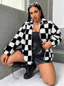 SHEIN Coolane 大碼棋盤格圖案落肩袖絨毛外套 - 黑與白 - 查看 5