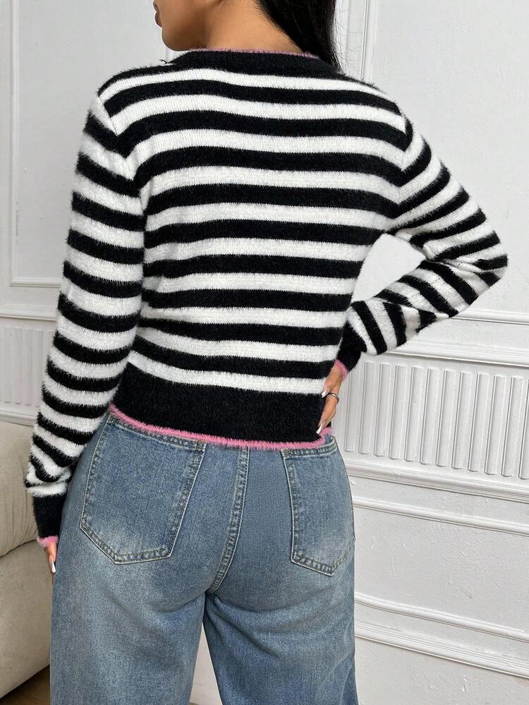 Striped Pattern Crop Knit Pullover Fall Winter Sweater