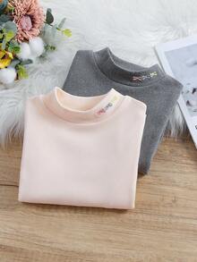 SHEIN 女小童2入組小高領刺繡蝴蝶結圖案T恤 - 彩色 - 查看 2