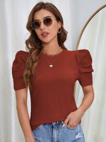 SHEIN Clasi 泡泡袖素色T恤 - 紅木色 - 查看 4