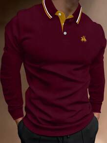 Manfinity Men Horse Print Striped Trim Polo Shirt - Burgundy - View 1