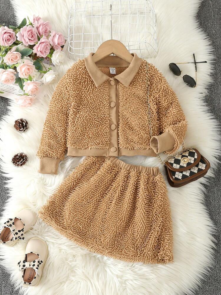 Young Girl Solid Teddy Jacket & Skirt