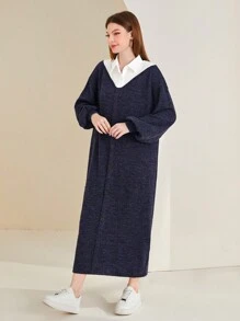 Mulvari Colorblock Lantern Sleeve Belted Dress - Navy Blue - View 5