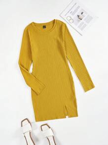 SHEIN Essnce Solid Ribbed Knit Split Hem Dress - Yellow - View 1