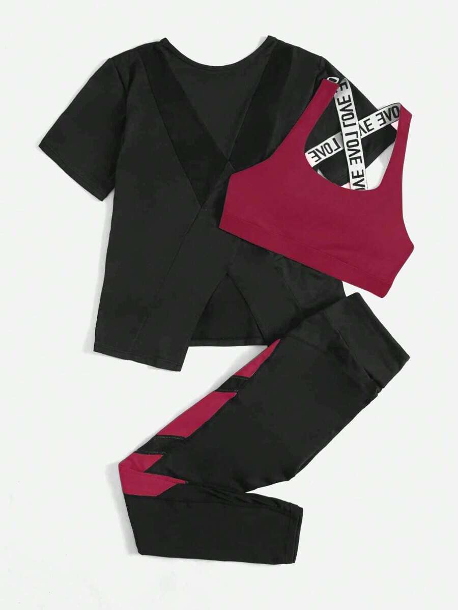Studio SHEIN Sport 3 قطع مجموعة تمارين رياضية للسيدات شاملة على صدرية رياضية وبلوزة وبنطال للاحتفال برأس السنة الصينية الجديدة