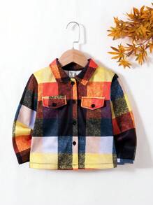 SHEIN 女小童格紋印花翻蓋細節花呢外套 - 彩色 - 查看 1