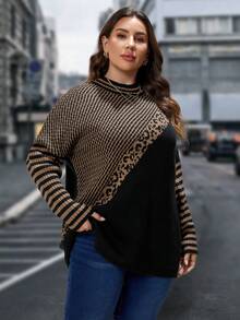 EMERY ROSE 大碼條紋圖案&豹紋圖案落肩袖套頭毛衣 - 彩色 - 查看 5