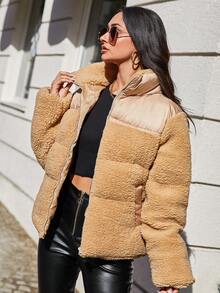 EURMUSE 雙色拉鏈開襟絨毛麵包服 - 米色 - 查看 4