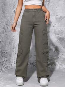 SHEIN PETITE 素色翻蓋口袋牛仔褲 - 軍綠色 - 查看 1