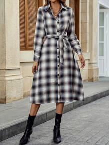 Chiquease Plaid Print Belted Shirt Dress - Blue - View 3