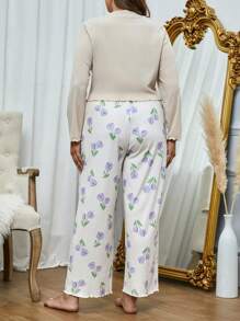 Plus Floral Print Lettuce Trim PJ Set / Pajama Set - Multicolor - View 2