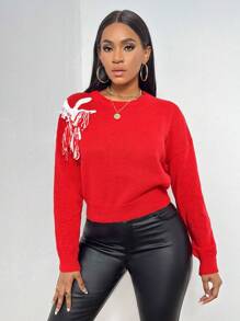 Zolique Graphic Pattern Drop Shoulder Sweater Knit Pullover Fall Winter Outfit - Red - View 6