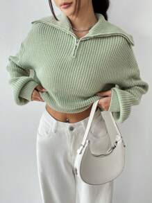 SHEIN Unity Jersey con cremallera cuarta de hombros caídos tejido de canalé - Verde - Ver 3