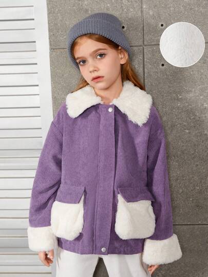 SHEIN 女大童羊絨領口翻蓋口袋落肩袖燈芯絨夾克