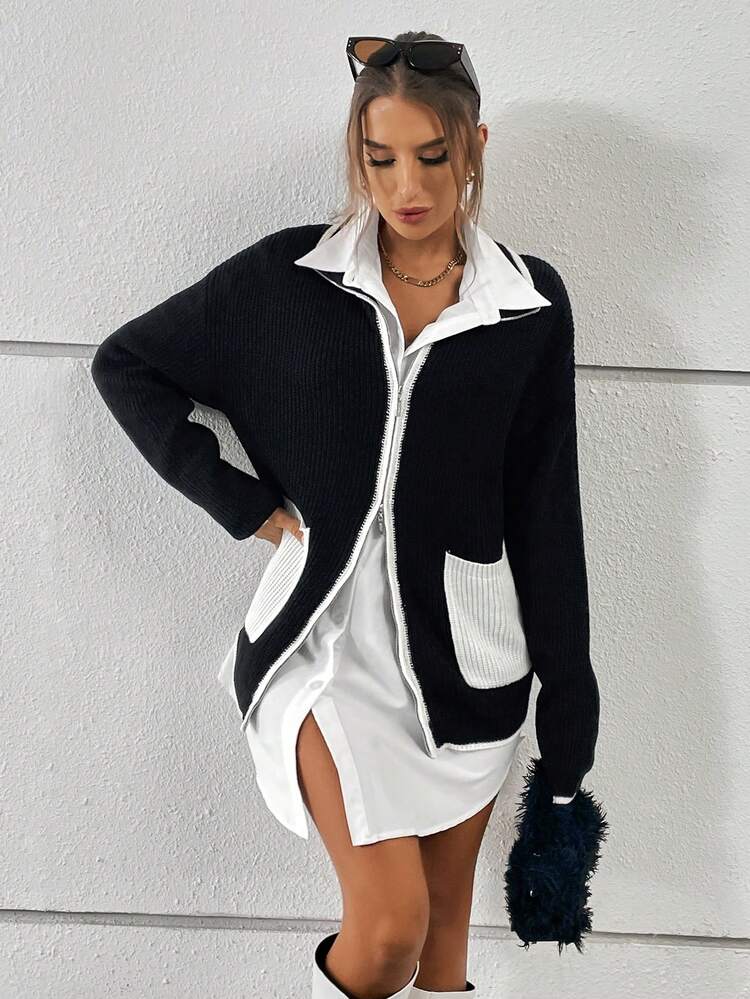 Dual Pocket Drop Shoulder Zip Up Cardigan