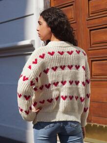 SHEIN Unity Pullover mit Herzmuster und Dropped Shoulder, Langarm Strickpullover für Herbst und Winter - Beige - Übersicht 2