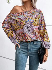 SHEIN VCAY 佩斯利印花不對稱領燈籠袖襯衫 - 橘色 - 查看 4