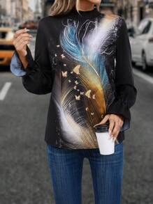 EMERY ROSE Feather Print Flare Sleeve Mock Neck Blouse Fall Cloth For Women - Black - View 1