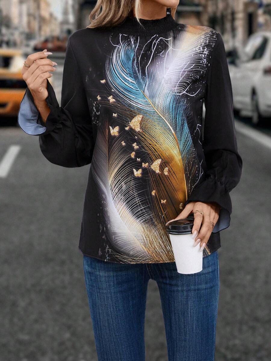 EMERY ROSE Feather Print Flare Sleeve Mock Neck Blouse Fall Cloth For Women - Black - View 1