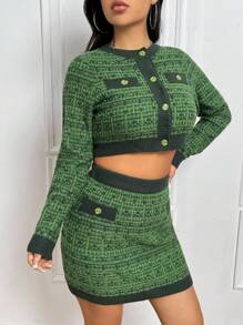 SHEIN Unity Crop Knit Top & Button Front Cardigan & Knit Skirt - Green - View 5