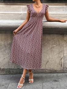 SHEIN Ditsy Floral Print Ruffle Trim Dress - Burgundy - View 4