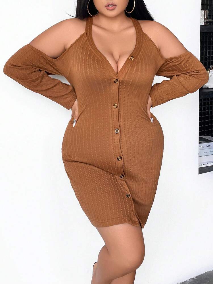 Plus Cold Shoulder Button Front Bodycon Dress
