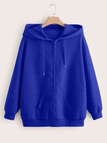 SHEIN EZwear Plus Size Solid Zip Up Drawstring Thermal Lined Sweatshirt - Royal Blue - View 1
