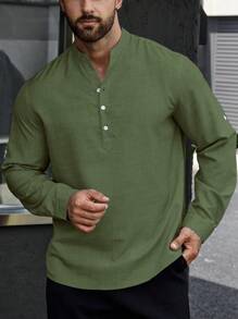 Manfinity Homme Camisa De Manga Larga Para Hombres Con Botones En La Parte Delantera Y Pestañas En Las Mangas - Verde militar - Ver 4