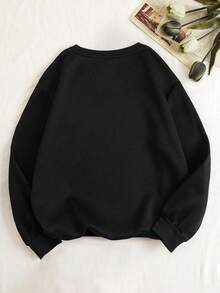 SHEIN EZwear Hơn Đồ họa hoa & khẩu hiệu Lót nhiệt Áo nỉ - màu đen - Xem 2