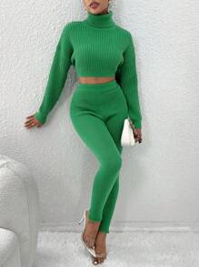Chiquease 高領落肩袖短款毛衣和針織褲 - 綠色 - 查看 3