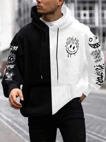 Manfinity EMRG Nam Plus Hai âm Hình ảnh hoạt hình khuôn mặt và chữ cái Dây rút Hoodie - Đen và trắng - Xem 1